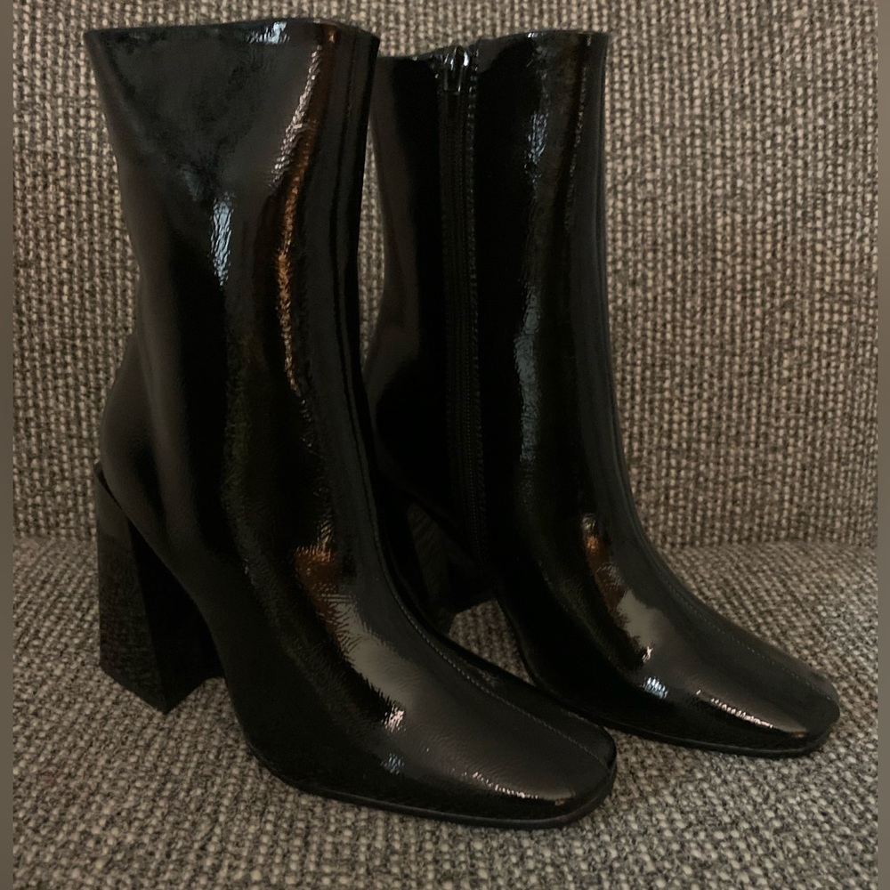 Nasty Gal black patent booties. Never worn, in original box. Size 38.